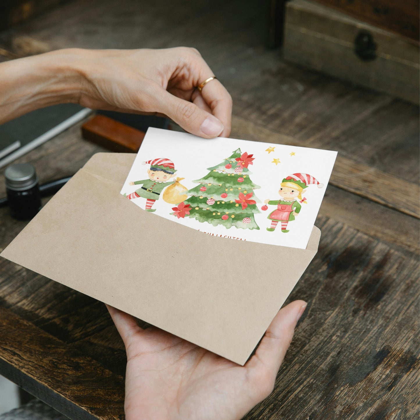Weihnachtskarte Elfen & Weihnachtsbaum Frohe Weihnachten A6