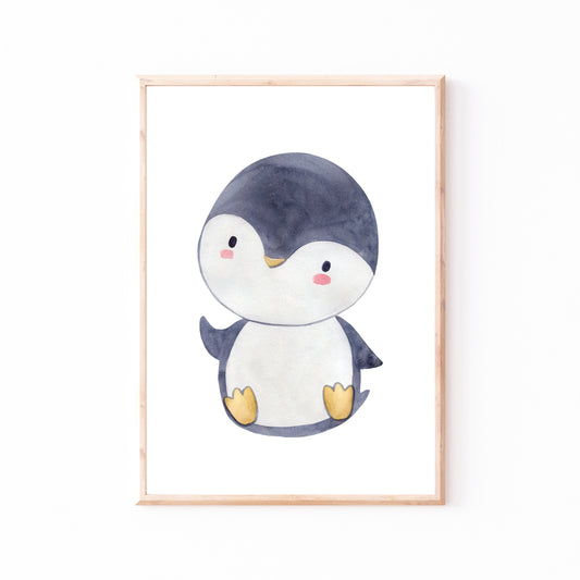 Poster Pinguin A4 & A3: Aquarell-Illustration eines lächelnden, cartoonhaften Pinguins. Ideal als Kinderzimmerdeko oder Geschenk. Gedruckt auf hochwertigem, stabilem Naturpapier.