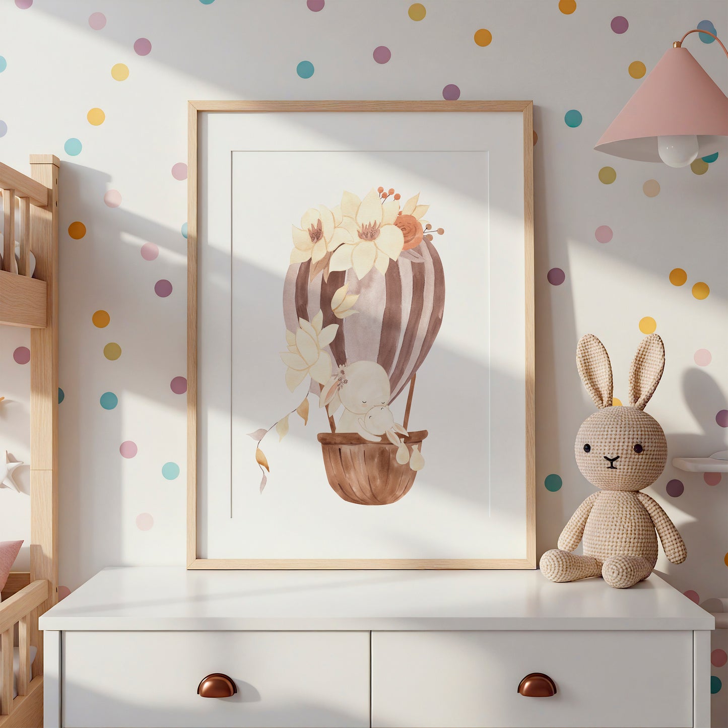 Poster Heißluftballon Mama Hase und Baby A4 & A3