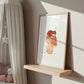 Namensposter personalisiert 3er Set Marienkäfer A5, A4 & A3: Framed watercolor of a mushroom with sleeping ladybug critter on a light-wood shelf. Cozy nursery decor.