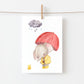 Karte Elefant und Entchen A6: Elefant in gelbem Regenmantel mit einem Entchen, gedruckt auf stabilem 300g Naturpapier.