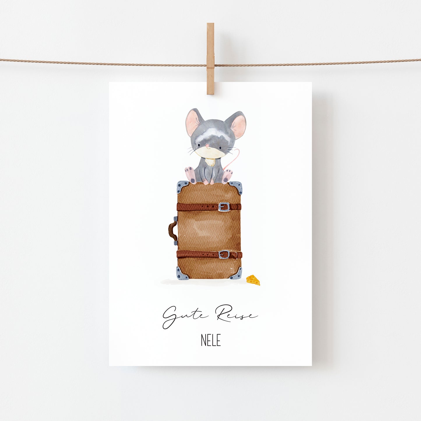 Personlisierte Gute Reise Karte Maus & Koffer A6