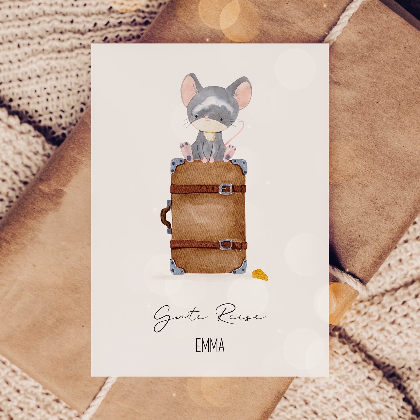 Personlisierte Gute Reise Karte Maus & Koffer A6