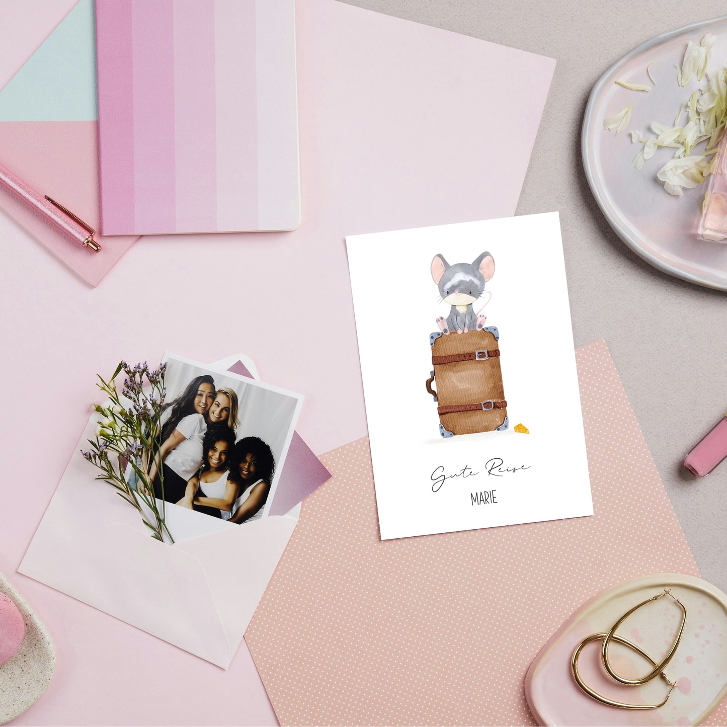 Personlisierte Gute Reise Karte Maus & Koffer A6