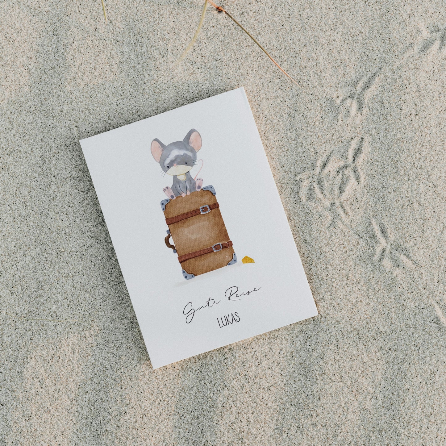 Personlisierte Gute Reise Karte Maus & Koffer A6