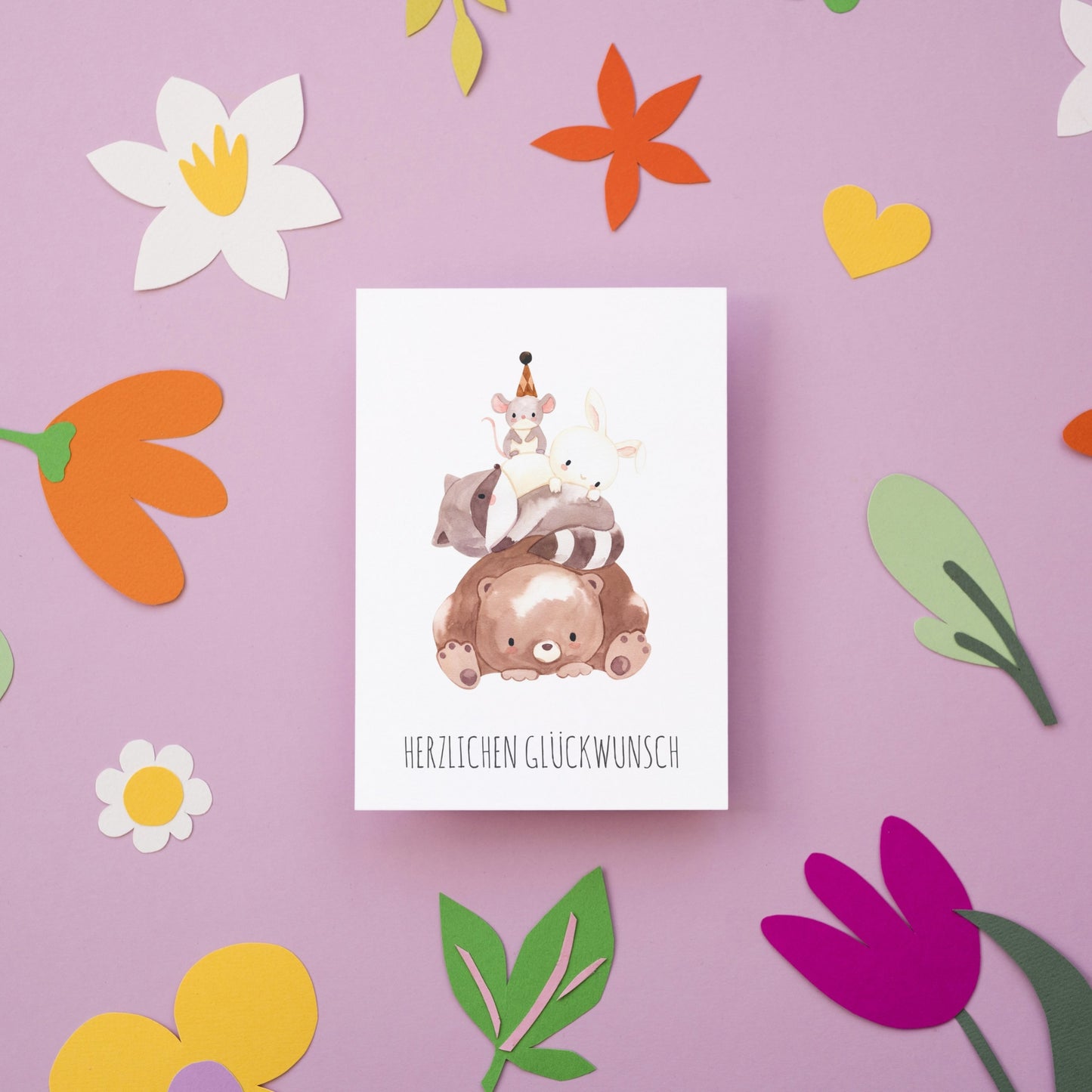 Karte Kindergeburtstag Tierpyramide - Herzlichen Glückwunsch A6