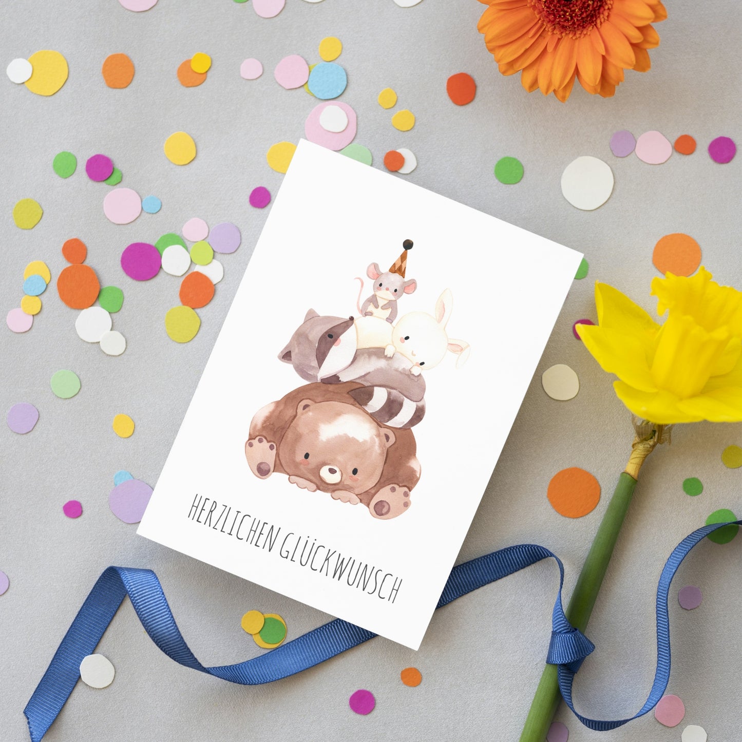 Karte Kindergeburtstag Tierpyramide - Herzlichen Glückwunsch A6