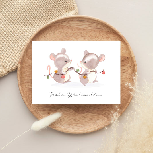 Weihnachtskarte Mäuse & Lichterkette Frohe Weihnachten A6