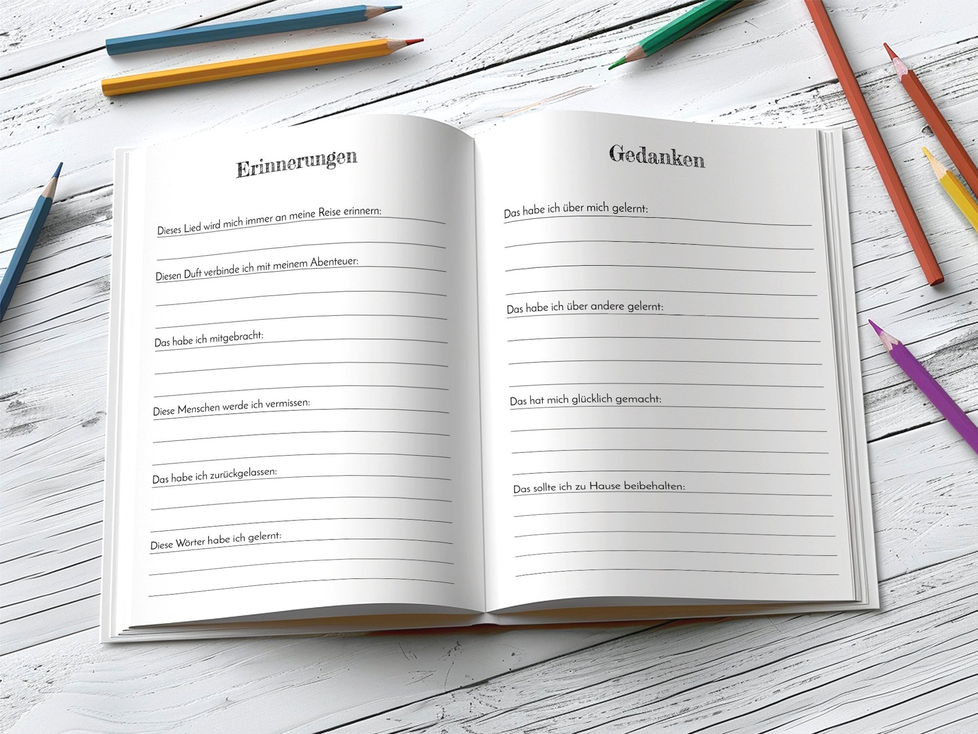 Reisetagebuch Glücksabenteuer A5 Hardcover, geöffnet, mit Fragen zum Ausfüllen, Zeilen für Notizen. Stifte auf weißem Untergrund daneben. Perfekt zum Planen und Erinnerungen sammeln.