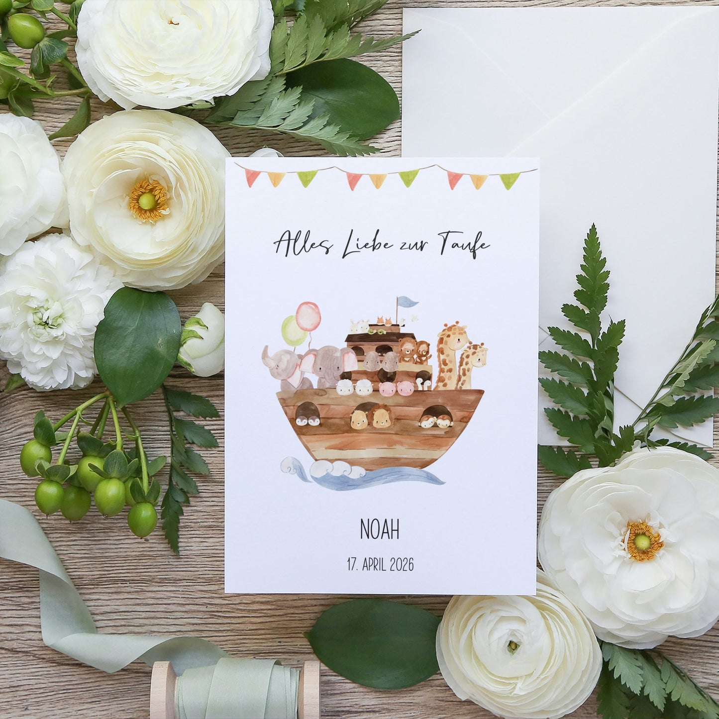 Personalsierte Taufkarte Arche Noah A6