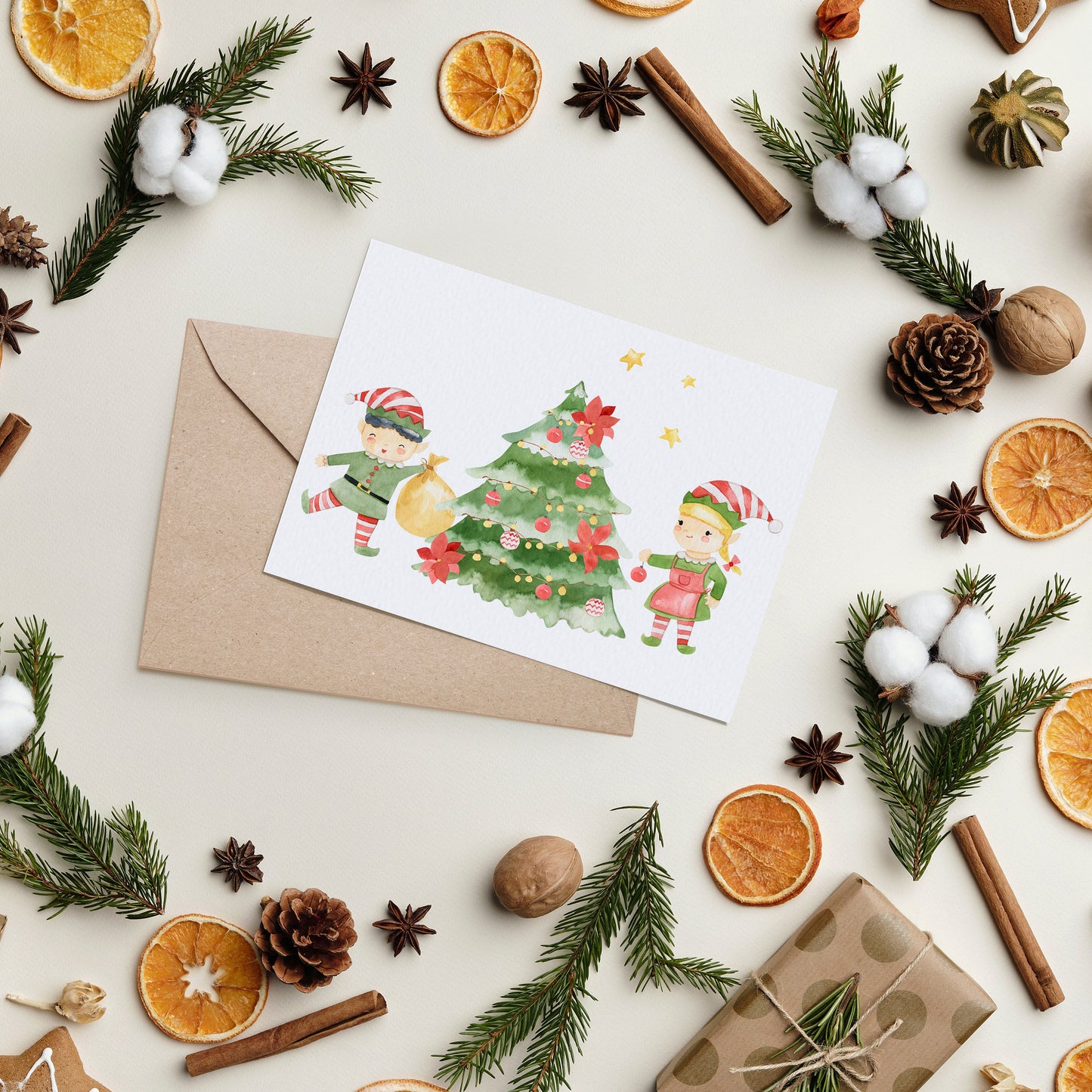 Weihnachtskarte Elfen & Weihnachtsbaum A6