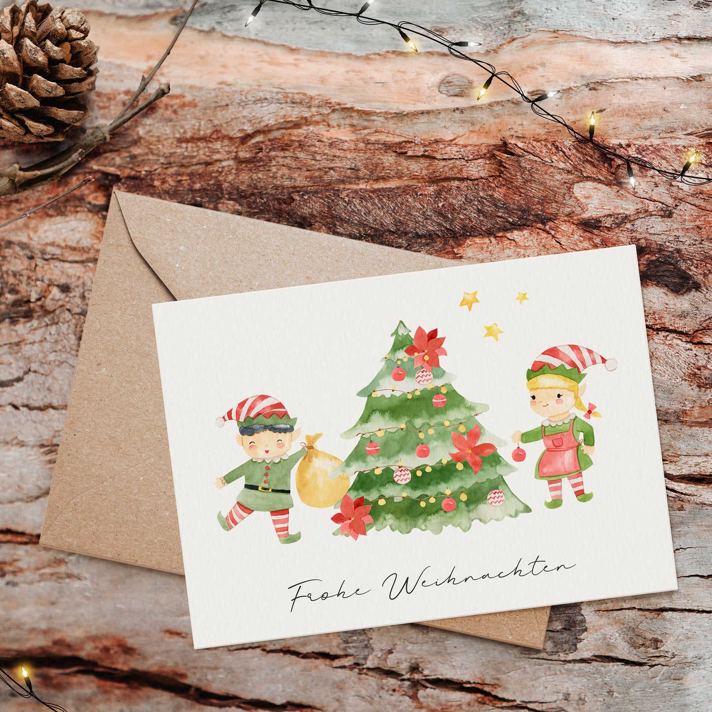 Weihnachtskarte Elfen & Weihnachtsbaum Frohe Weihnachten A6
