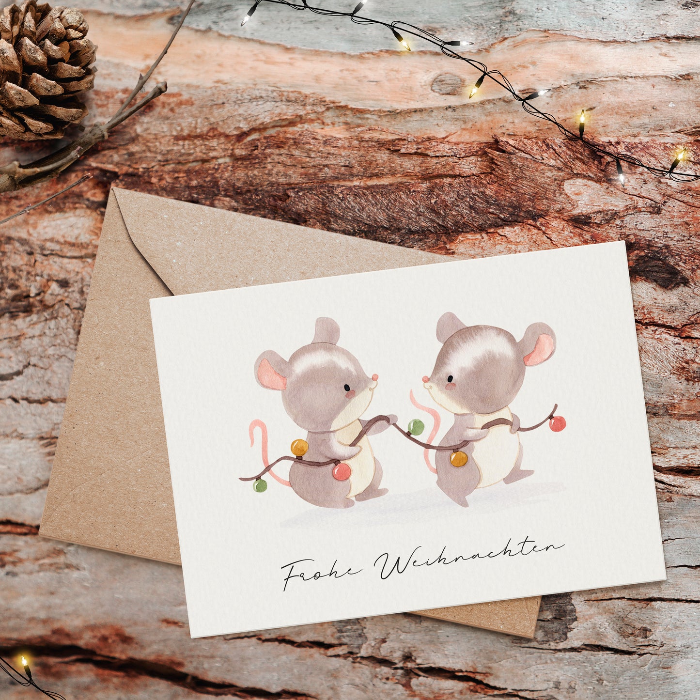 Weihnachtskarte Mäuse & Lichterkette Frohe Weihnachten A6