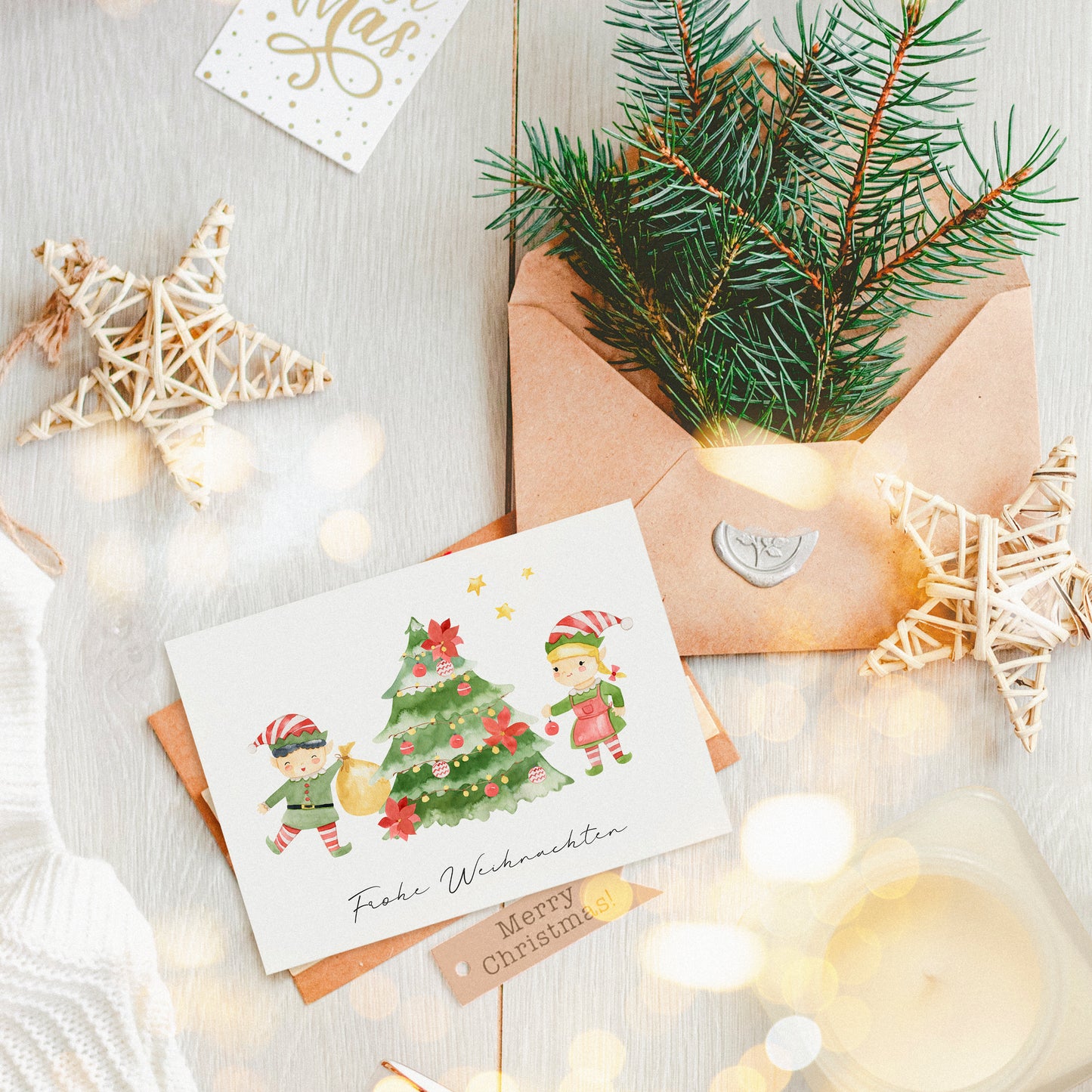 Weihnachtskarte Elfen & Weihnachtsbaum Frohe Weihnachten A6