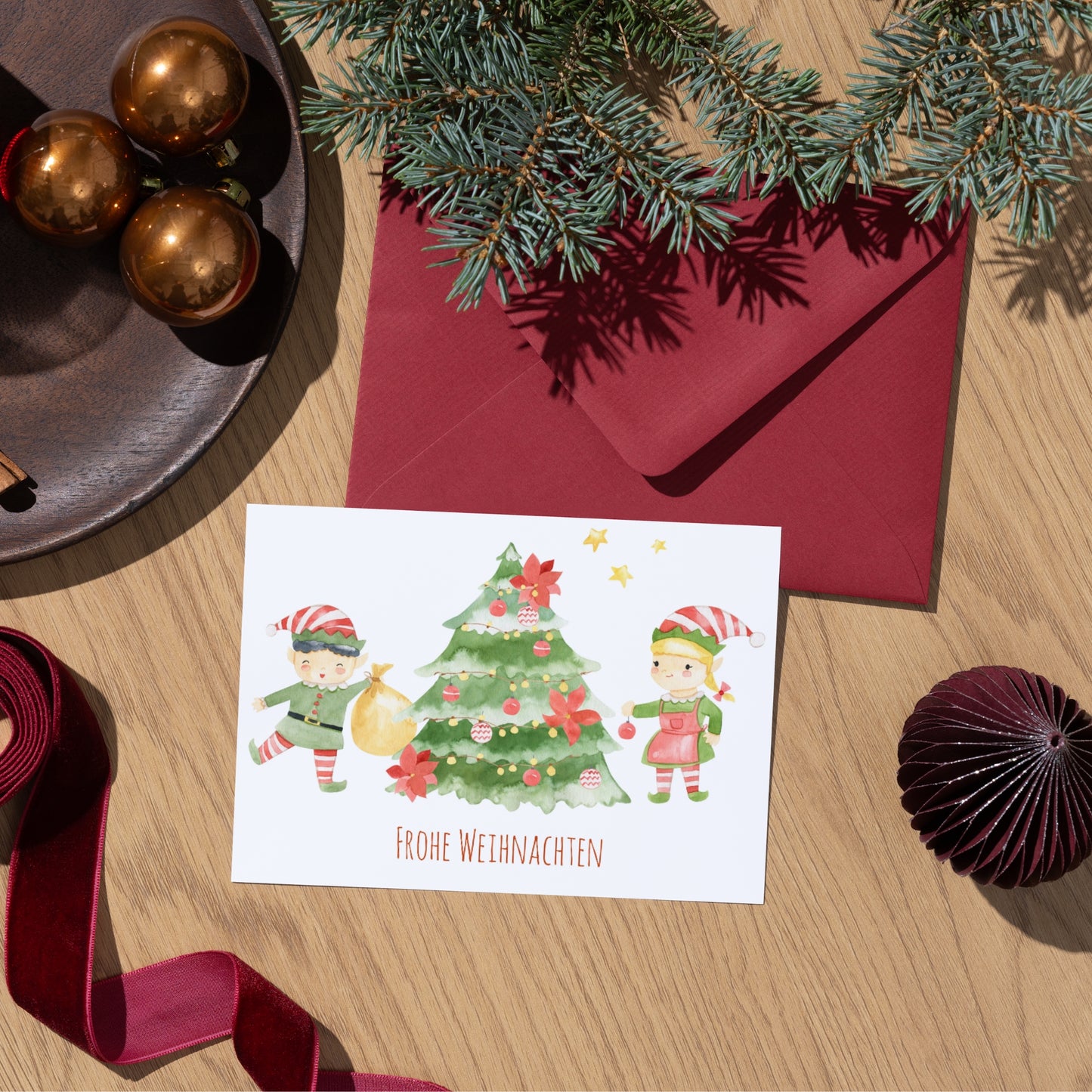 Weihnachtskarte Elfen & Weihnachtsbaum Frohe Weihnachten A6