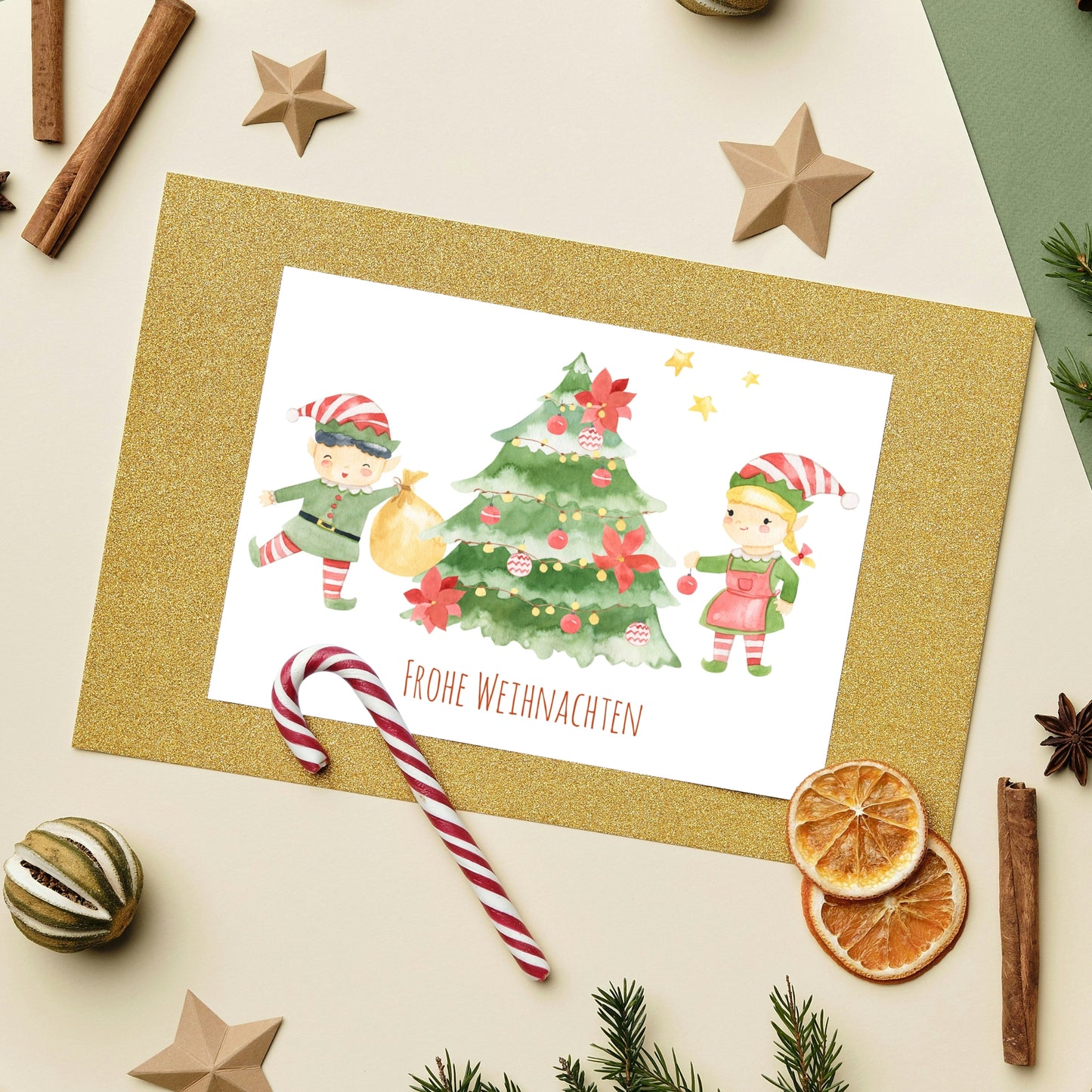 Weihnachtskarte Elfen & Weihnachtsbaum Frohe Weihnachten A6