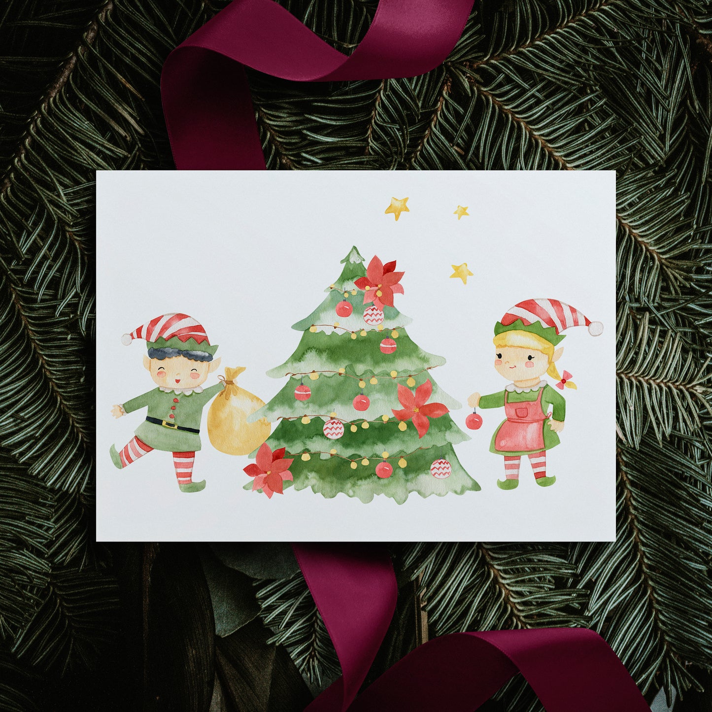 Weihnachtskarte Elfen & Weihnachtsbaum A6