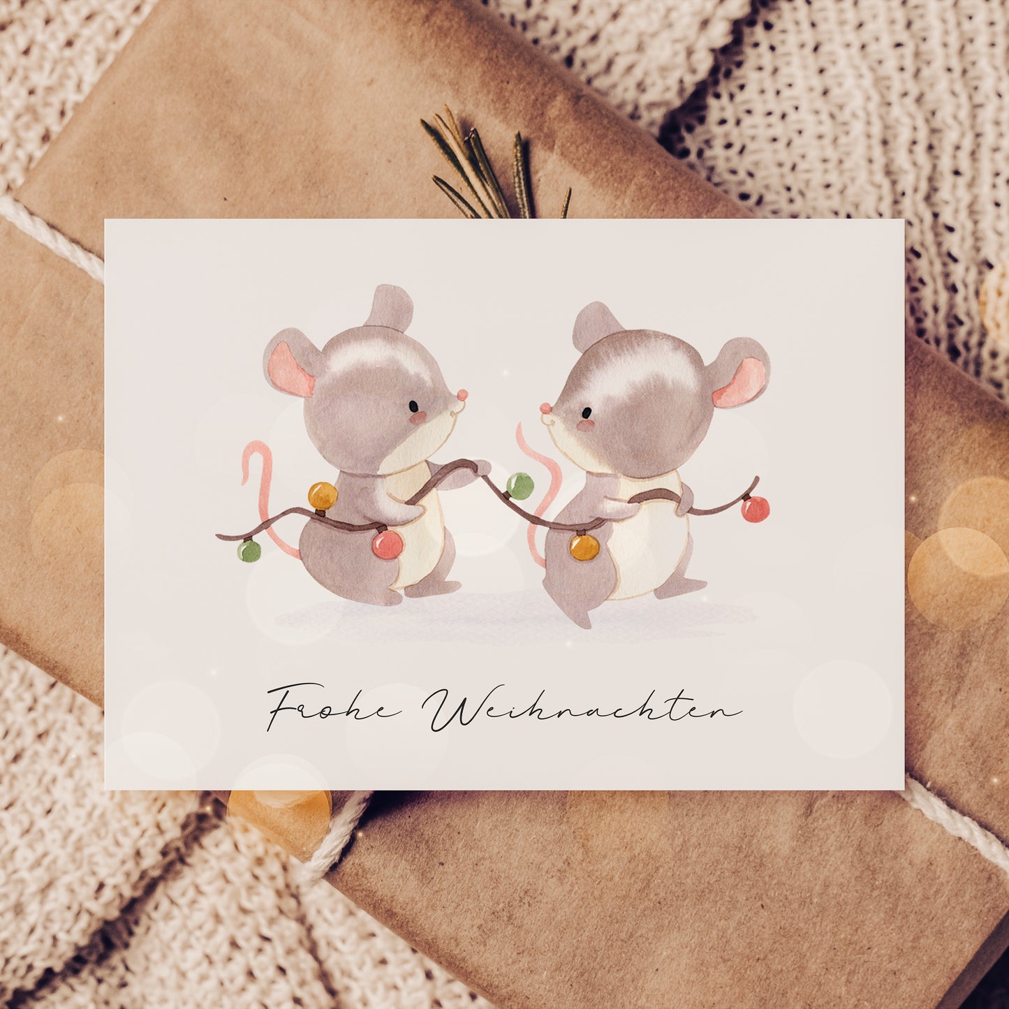 Weihnachtskarte Mäuse & Lichterkette Frohe Weihnachten A6