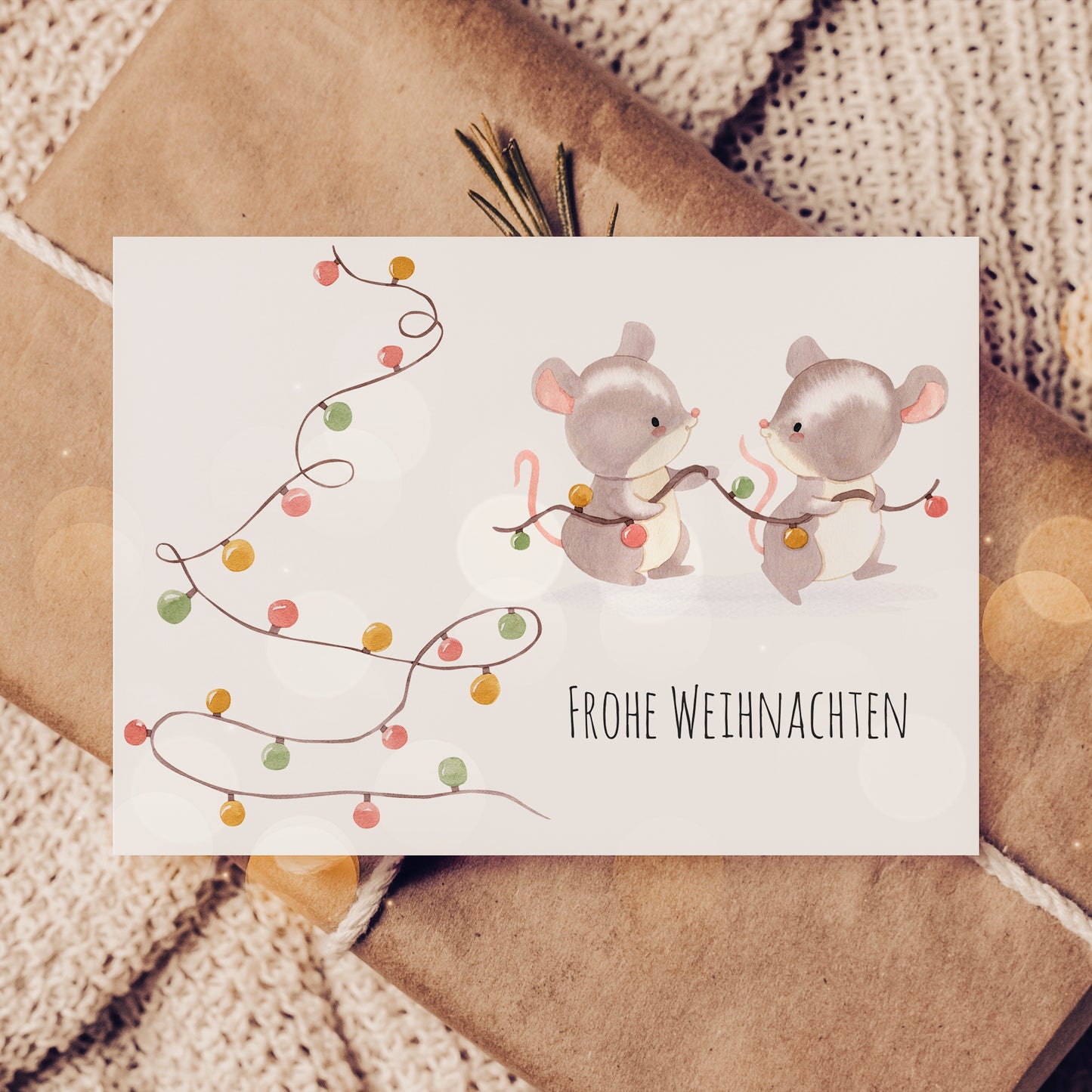 Weihnachtskarte Mäuse & Lichterketten Frohe Weihnachten A6