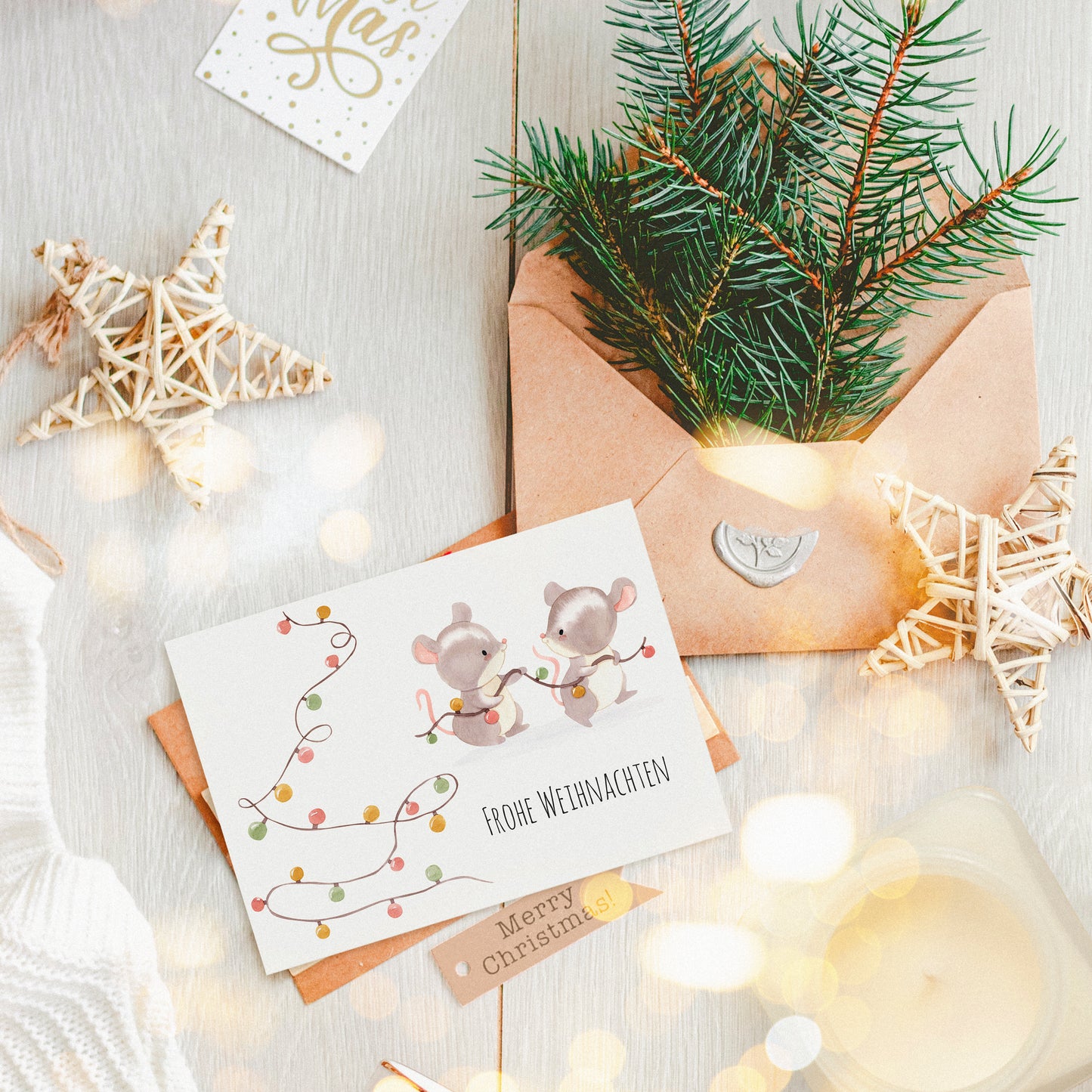 Weihnachtskarte Mäuse & Lichterketten Frohe Weihnachten A6