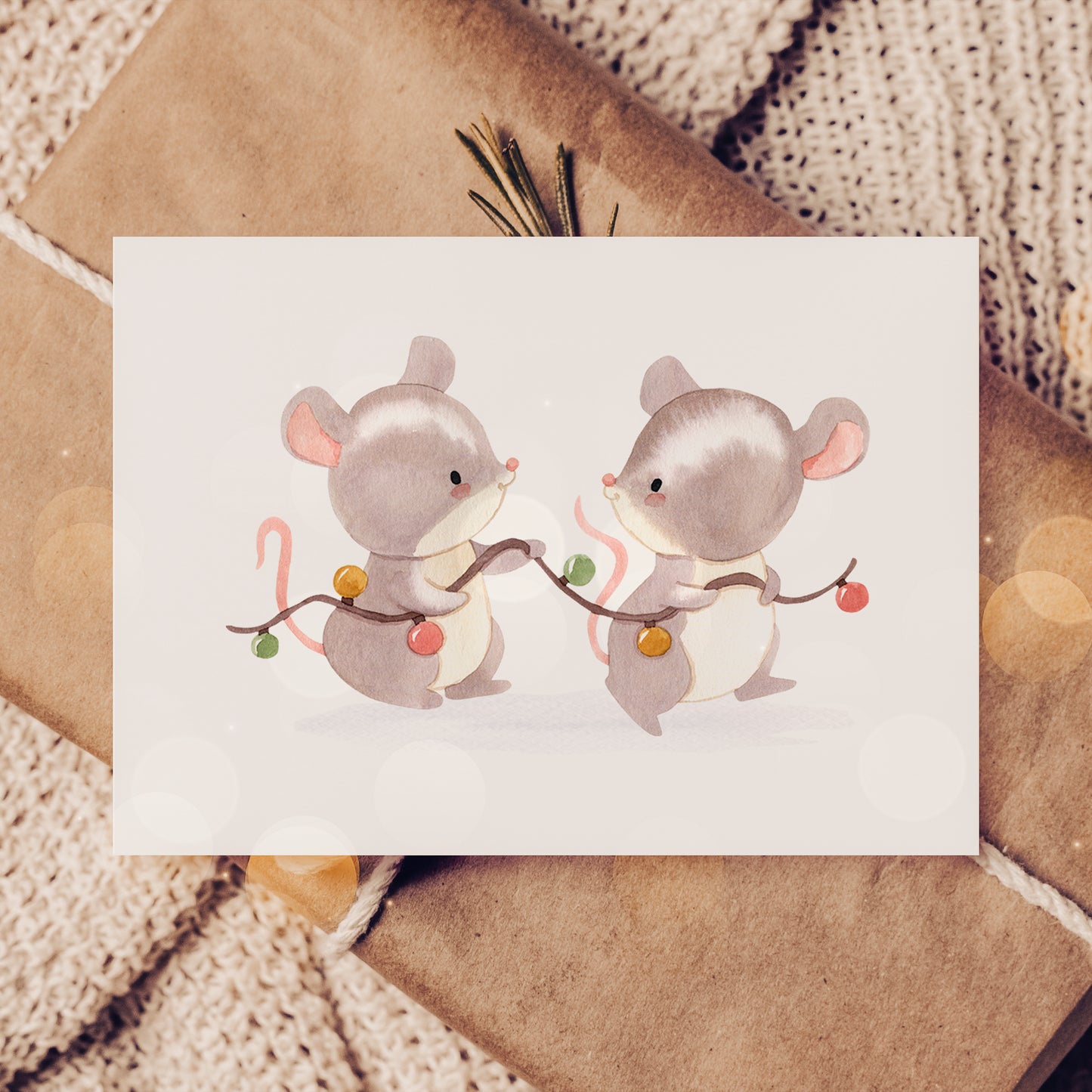 Weihnachtskarte Mäuse & Lichterkette A6