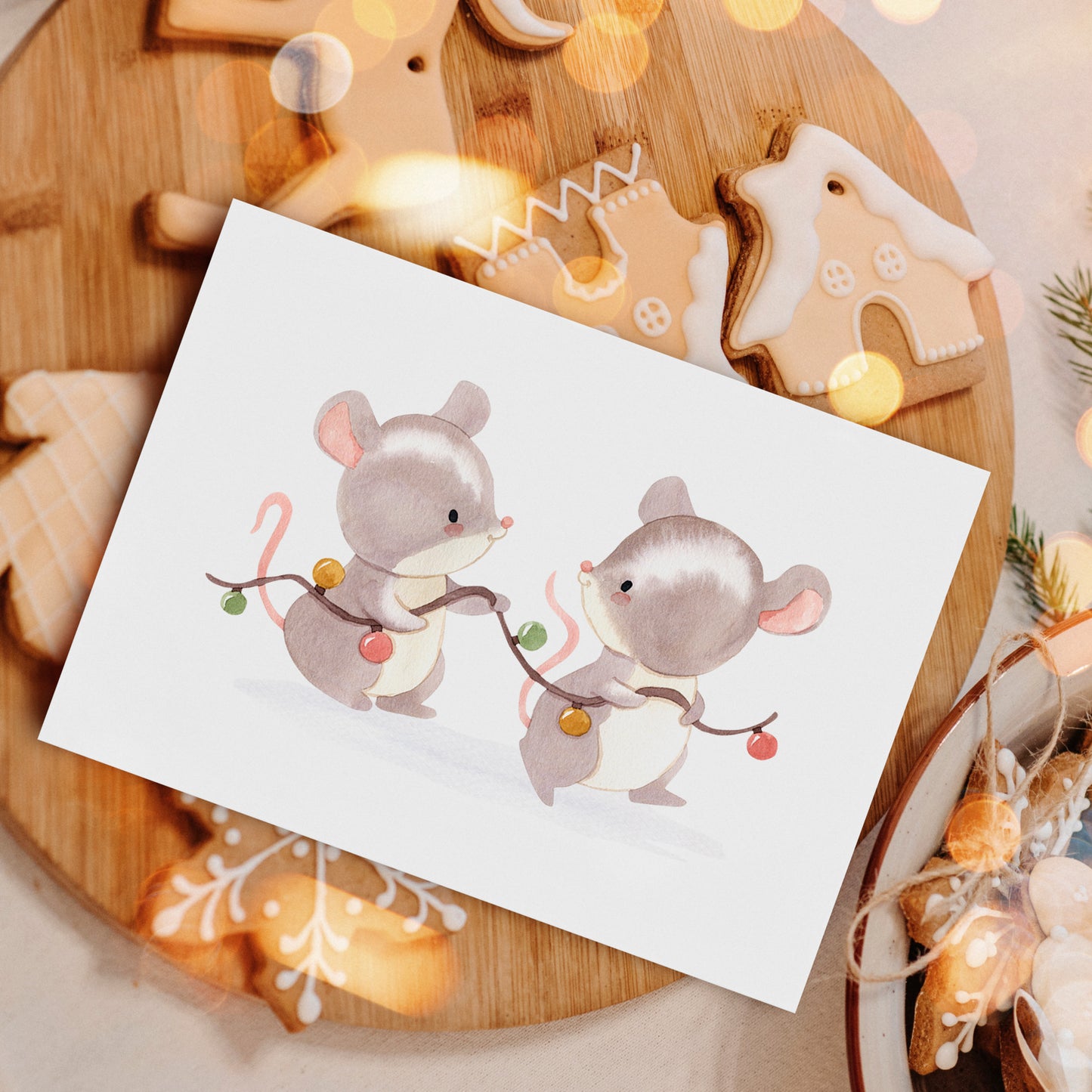 Weihnachtskarte Mäuse & Lichterkette A6