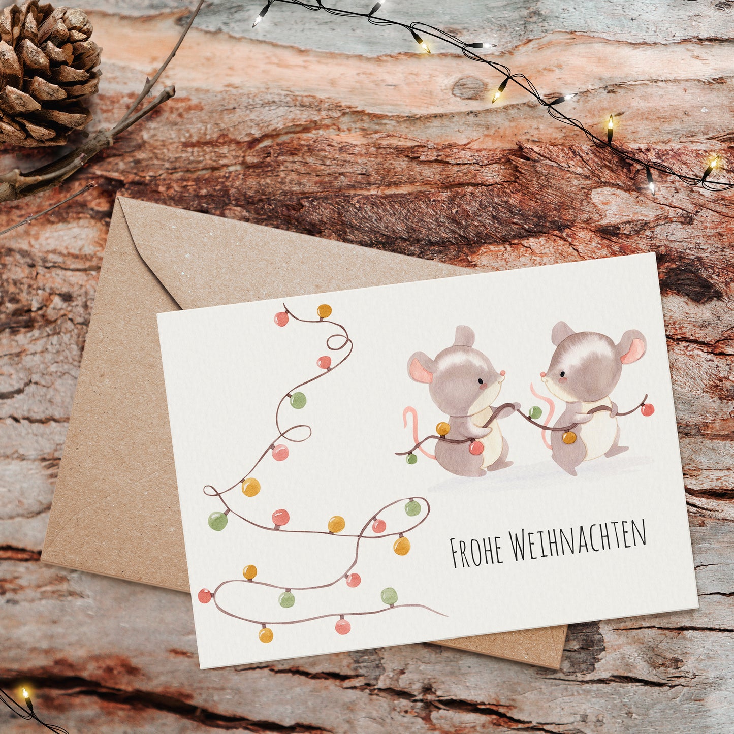 Weihnachtskarte Mäuse & Lichterketten Frohe Weihnachten A6