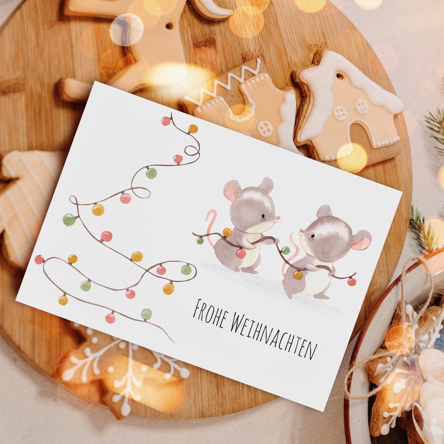 Weihnachtskarte Mäuse & Lichterketten Frohe Weihnachten A6