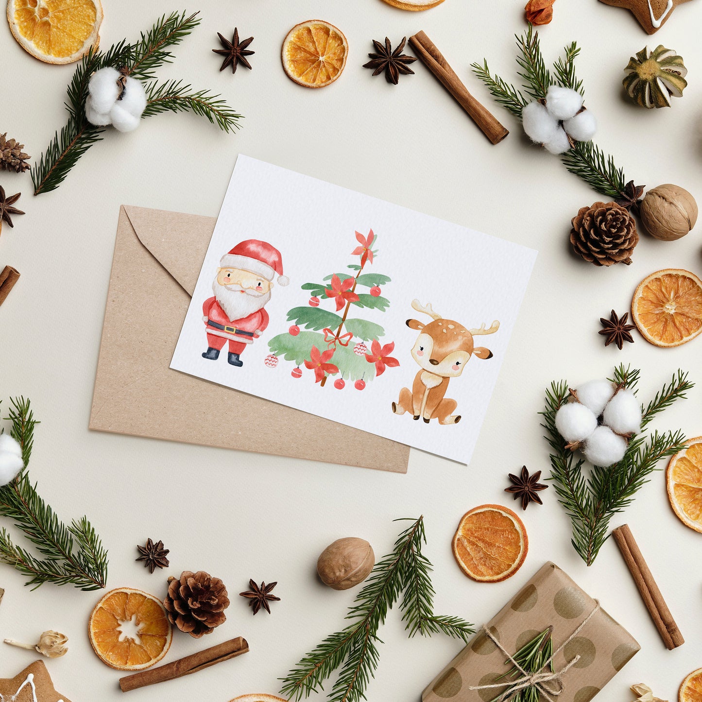 Weihnachtskarte Weihnachtsmann & Rentier A6