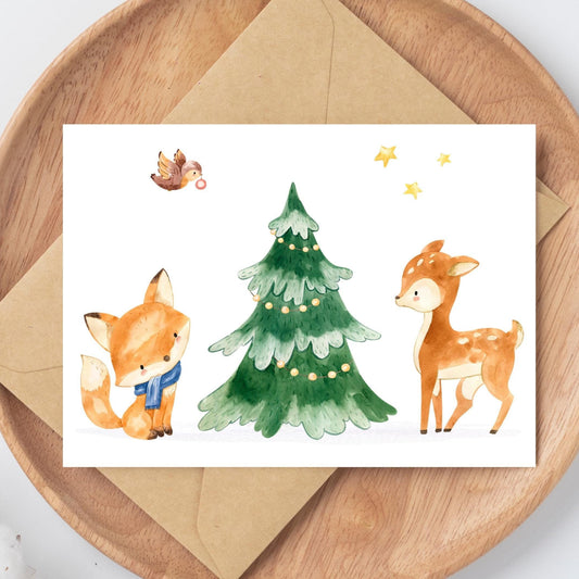 Weihnachtskarte Reh & Fuchs A6 mit Aquarellillustrationen von einem Baum, Fuchs und Reh auf hochwertigem Naturpapier, perfekt für Weihnachtsgrüße.