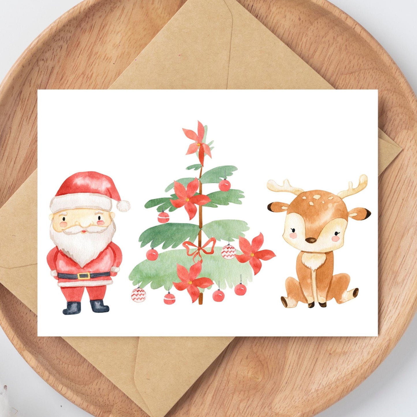 Weihnachtskarte Weihnachtsmann & Rentier A6 auf hochwertigem Naturpapier, Rentier und Weihnachtsbaum. Auf Holzplatte, ideal für Weihnachtsgrüße.