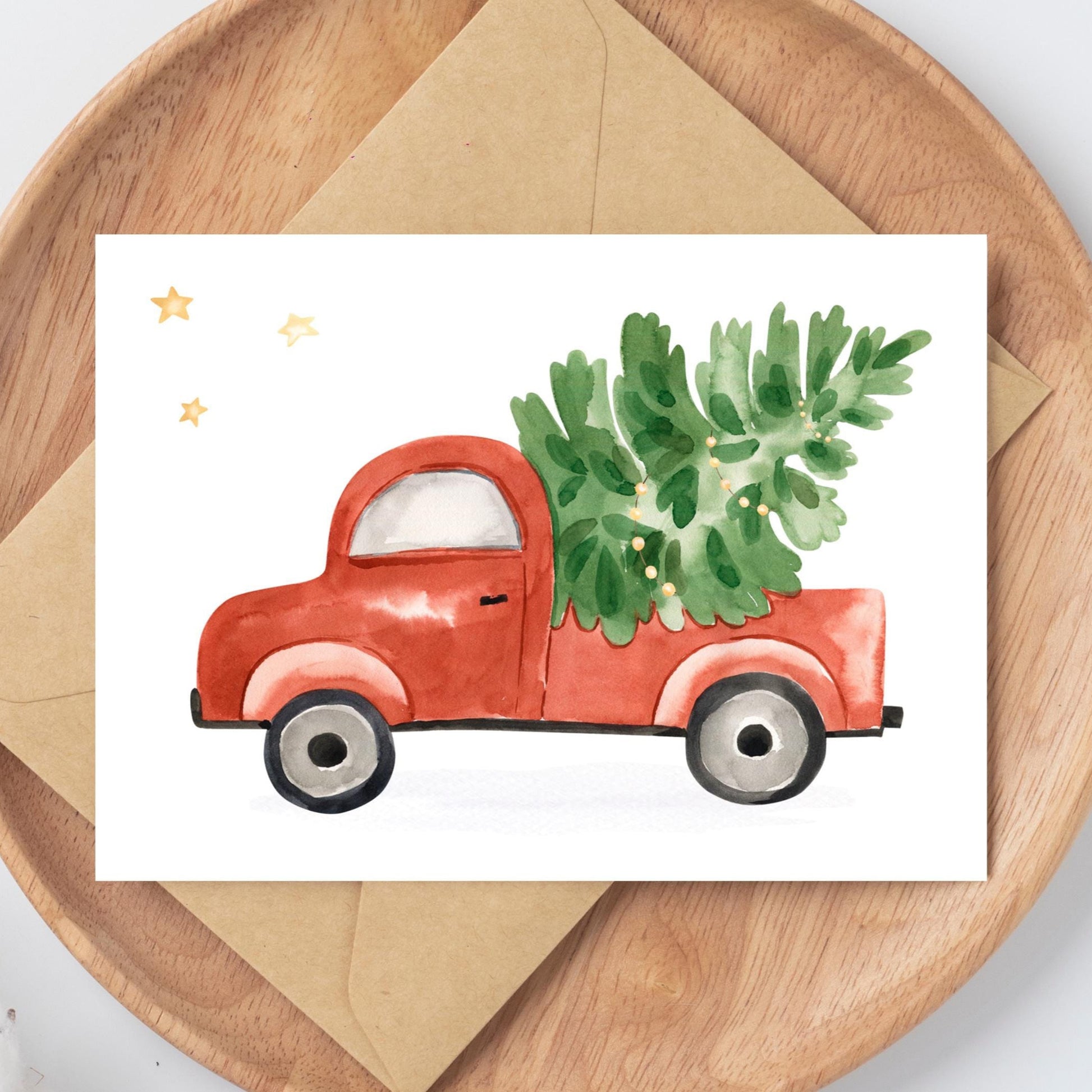 Weihnachtskarte Auto & Weihnachtsbaum A6: Aquarell eines roten LKWs mit einem Weihnachtsbaum auf dem Dach. Hochwertiges, mattes Naturpapier.