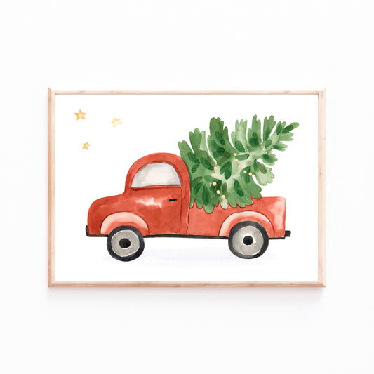 Weihnachtsposter Auto A3, A4, A5: Aquarellgemälde, roter Lastwagen mit Weihnachtsbaum auf der Ladefläche, ideal für festliche Dekoration.