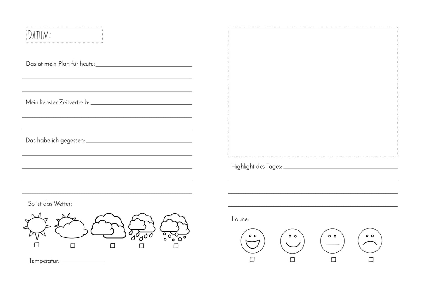 Reisetagebuch A5 Softcover mit Zeichnung von Wolken und Smileys, enthält Packlisten, Adressverzeichnis und Budgetplaner für flexible Reiseplanung und Erinnerungen.