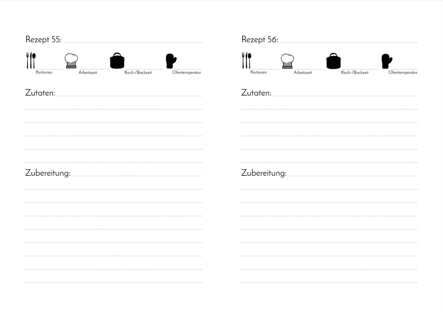 Rezeptbuch zum Selberschreiben A5 Hardcover Glücksküche, geöffnet, zeigt eine Seite mit Rezept und Platz für kreative Ideen. Perfekt für 56 persönliche Lieblingsrezepte.