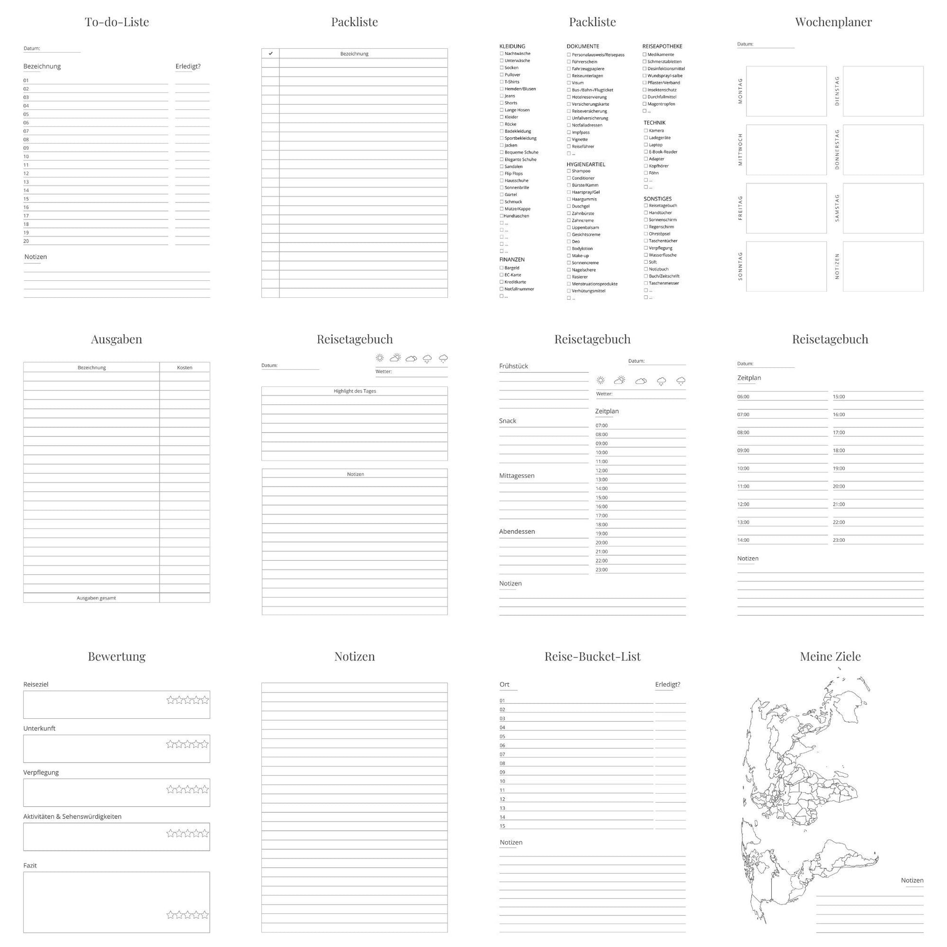 Reiseplaner zum Ausdrucken und digital verwenden A4 & A5, zeigt mehrere leere liniierte Notizbücher und Vorlagen für Reiseplanung, Checklisten und Tagebuch.