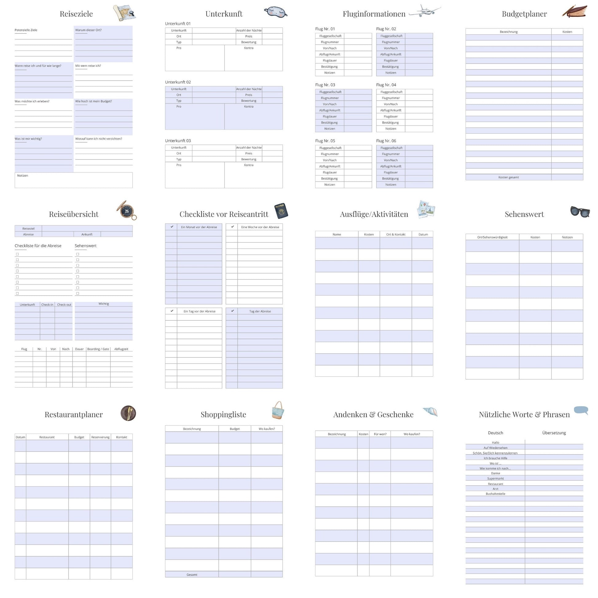 Reiseplaner zum Ausdrucken und digital verwenden Hellblau A4 & A5, zeigt Seiten mit Checklisten, Tabellen und Planungsfeldern für Reiseziele, Unterkünfte und Aktivitäten.