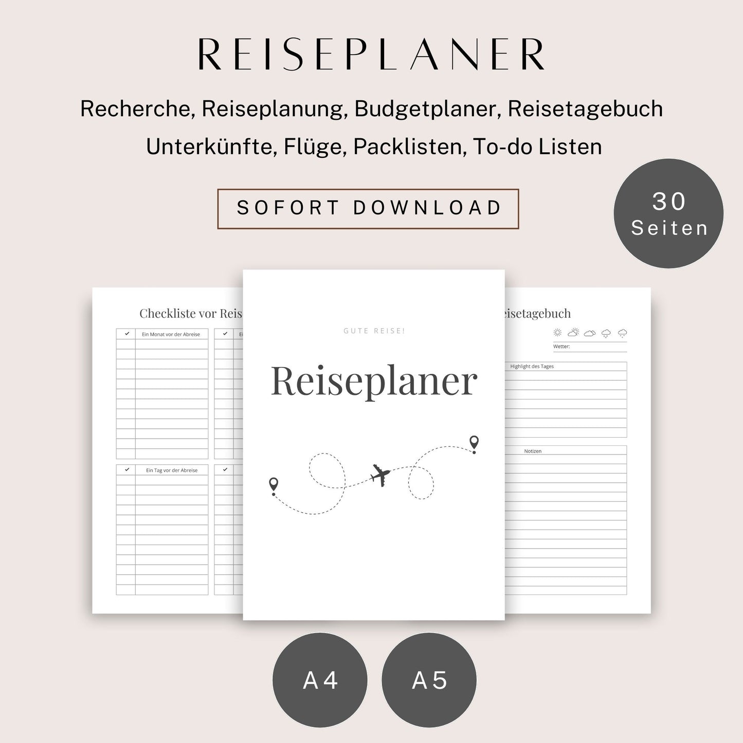 Reiseplaner zum Ausdrucken und digital verwenden A4 & A5, 30 minimalistische PDF-Vorlagen für Reiseplanung, Checklisten, Notizen und Erinnerungen, ideal für Urlaubs- und Reisevorbereitung.