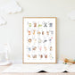 Poster Alphabet der Tiere A4 & A3 Lernposter auf hochwertigem Naturpapier, zeigt bunte Buchstaben und Tierillustrationen an einer weißen Wand, ideal für Kinderzimmer.