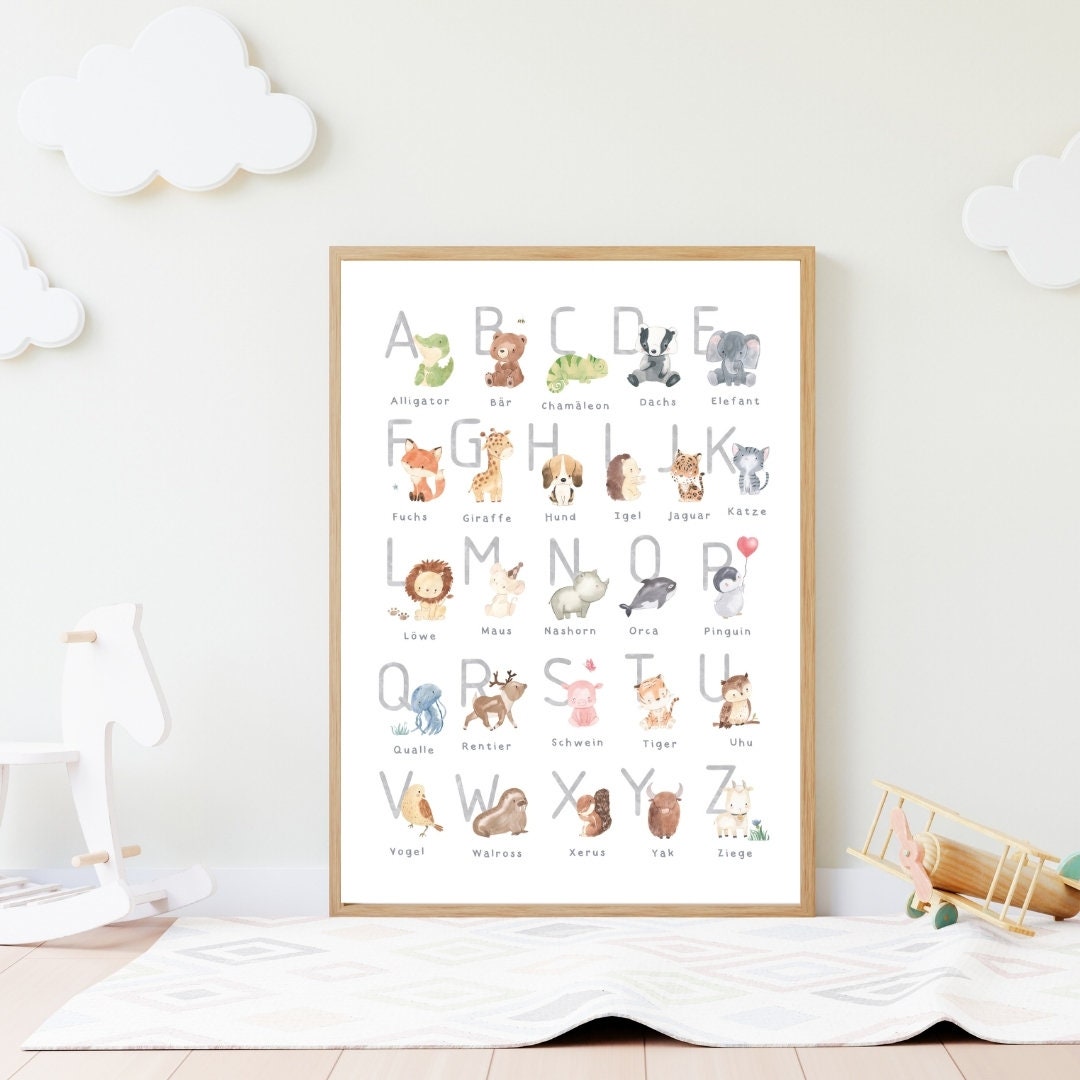 Poster Alphabet der Tiere A4 & A3 Lernposter auf hochwertigem Naturpapier, zeigt bunte Buchstaben und Tierillustrationen an einer weißen Wand, ideal für Kinderzimmer.