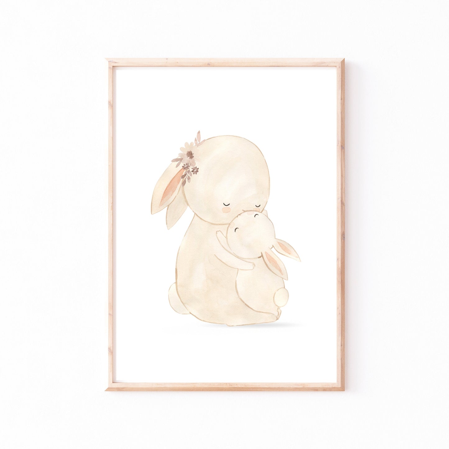 Poster Papa/Mama Hase und Baby A4 & A3: Aquarellzeichnung, Mama Hase umarmt Baby, ideal als Kinderzimmerdeko oder Geschenk, auf hochwertigem, mattem Naturpapier gedruckt.