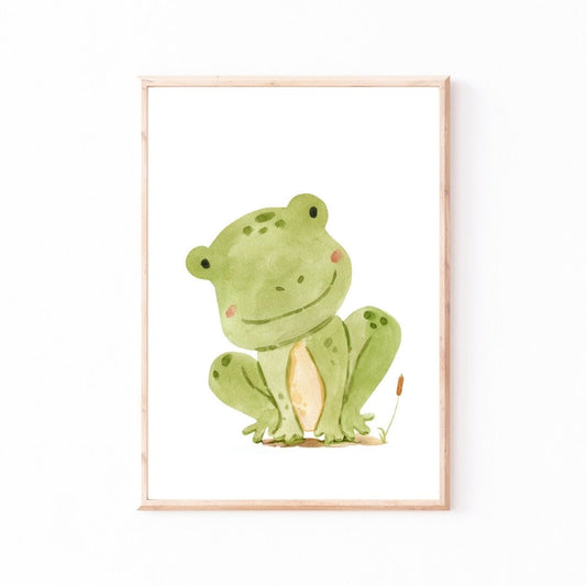 Poster Frosch A4 & A3: Aquarell, grüner Frosch auf weißem Hintergrund, ideal für das Kinderzimmer, gedruckt auf hochwertigem 300g Naturpapier.