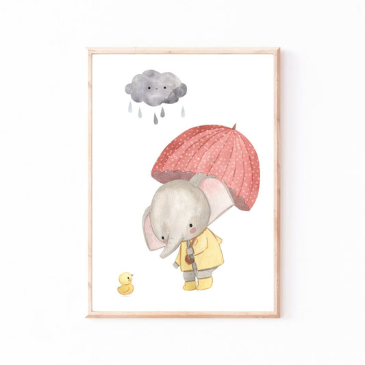 Poster Elefant mit Regenschirm A4 & A3: Aquarell eines Baby-Elefanten im gelben Regenmantel und Entchen, perfekt für das Kinderzimmer. Hochwertiger Druck auf mattem Naturpapier.