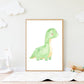 Poster Dinosaurier Hellgrün A4 & A3: Handgemaltes Dinosaurier-Wasserfarbenbild in Holzrahmen, ideal für Kinderzimmer. Gedruckt auf hochwertigem 300g Naturpapier, erhältlich in A4 und A3.