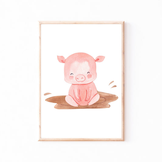 Poster Schwein A4 & A3: Eine liebevoll gestaltete Illustration eines rosa Schweins, das in einer Matschpfütze sitzt. Perfekt für Kinderzimmer, auf hochwertigem Naturpapier gedruckt.