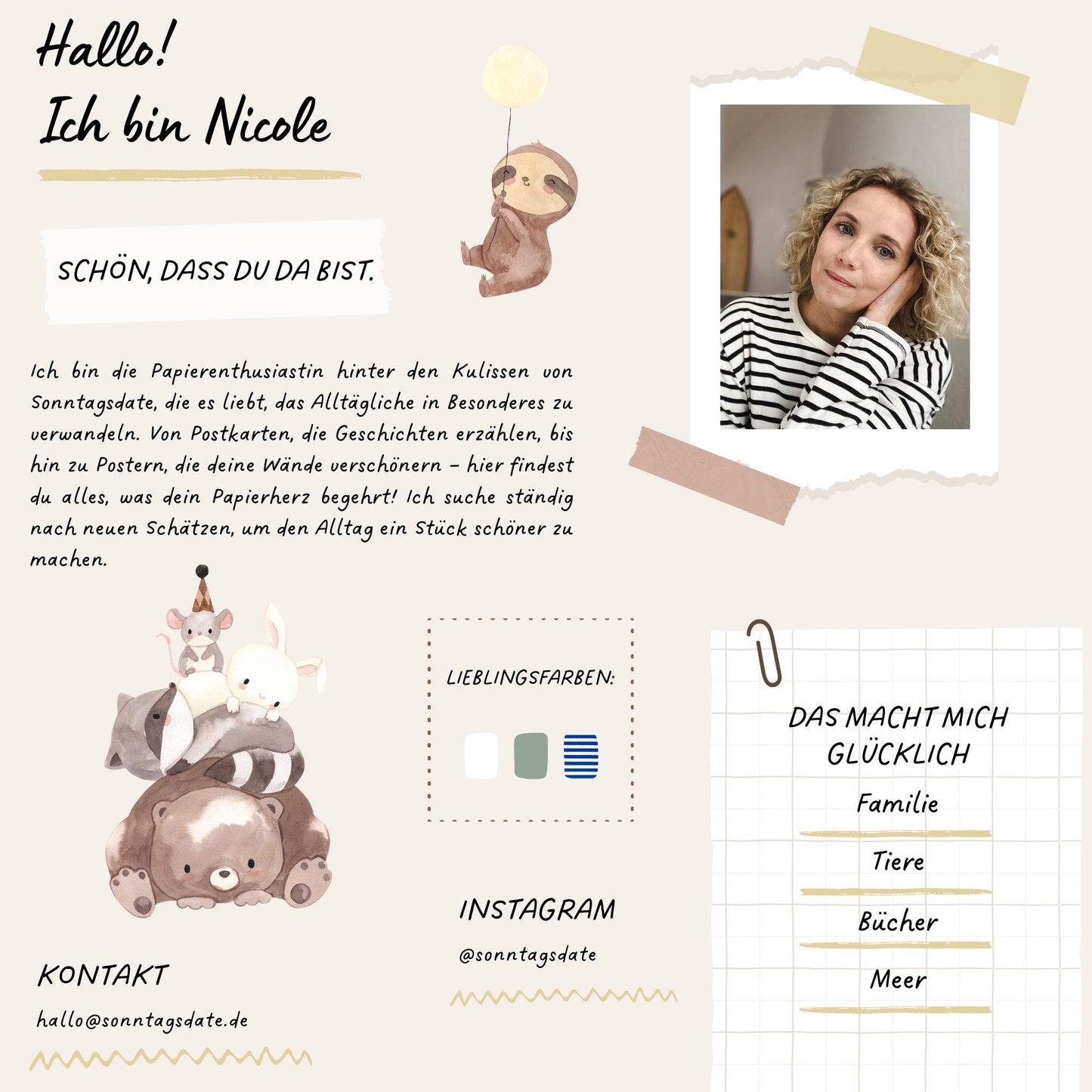 Sonntagsdate Shop Vorstellung Über mich Text: Hallo, ich bin Nicole. Schön, dass Du da bist. Ich bin die Papierenthusiastin hinter den Kulissen von Sonntagsdate, die es liebt, das Alltägliche in Besonderes zu verwandeln.