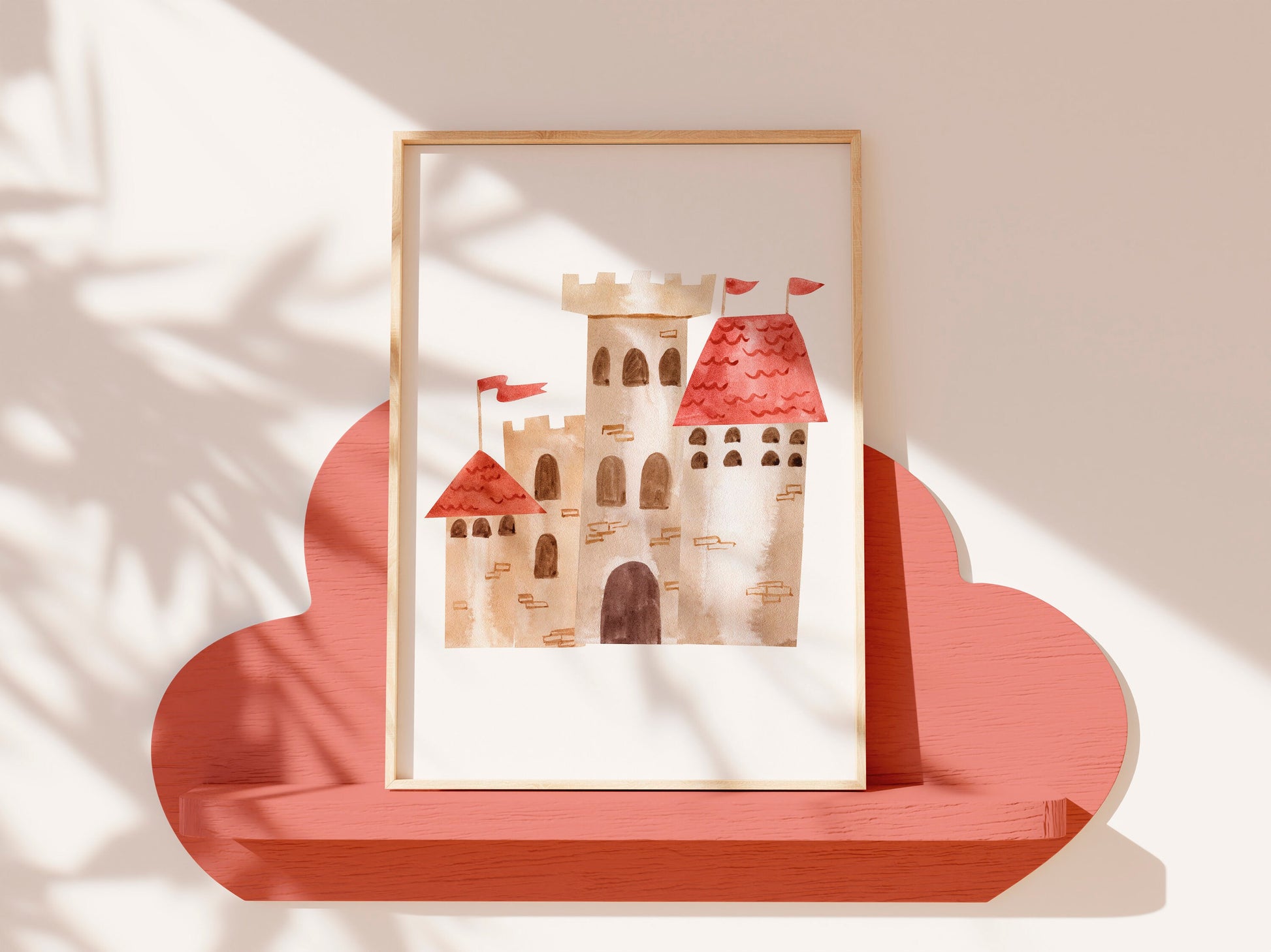 Poster Burg A4 & A3: Hochwertiges Poster einer Burg auf rotem Regal, ideal für Kinderzimmerdeko, stabil und farbintensiv auf 300g Naturpapier gedruckt.