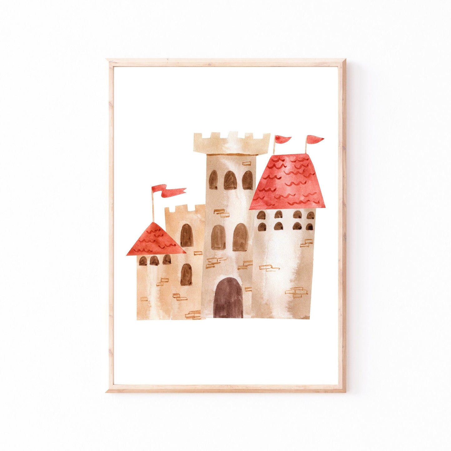 Poster Burg A4 & A3: Aquarellzeichnung einer Ritterburg, ideal für Kinderzimmerdekoration. Gedruckt auf hochwertigem 300g Naturpapier, erhältlich in DIN A4 und A3.