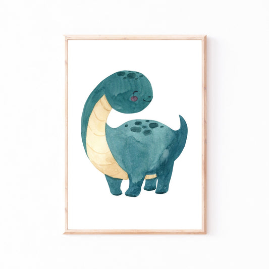 Poster Dinosaurier Moosgrün A4 & A3: Handgemaltes Dinosaurierbild in Aquarell auf hochwertigem, mattem Naturpapier, perfekt als Kinderzimmerdeko oder Geschenk zur Geburt.