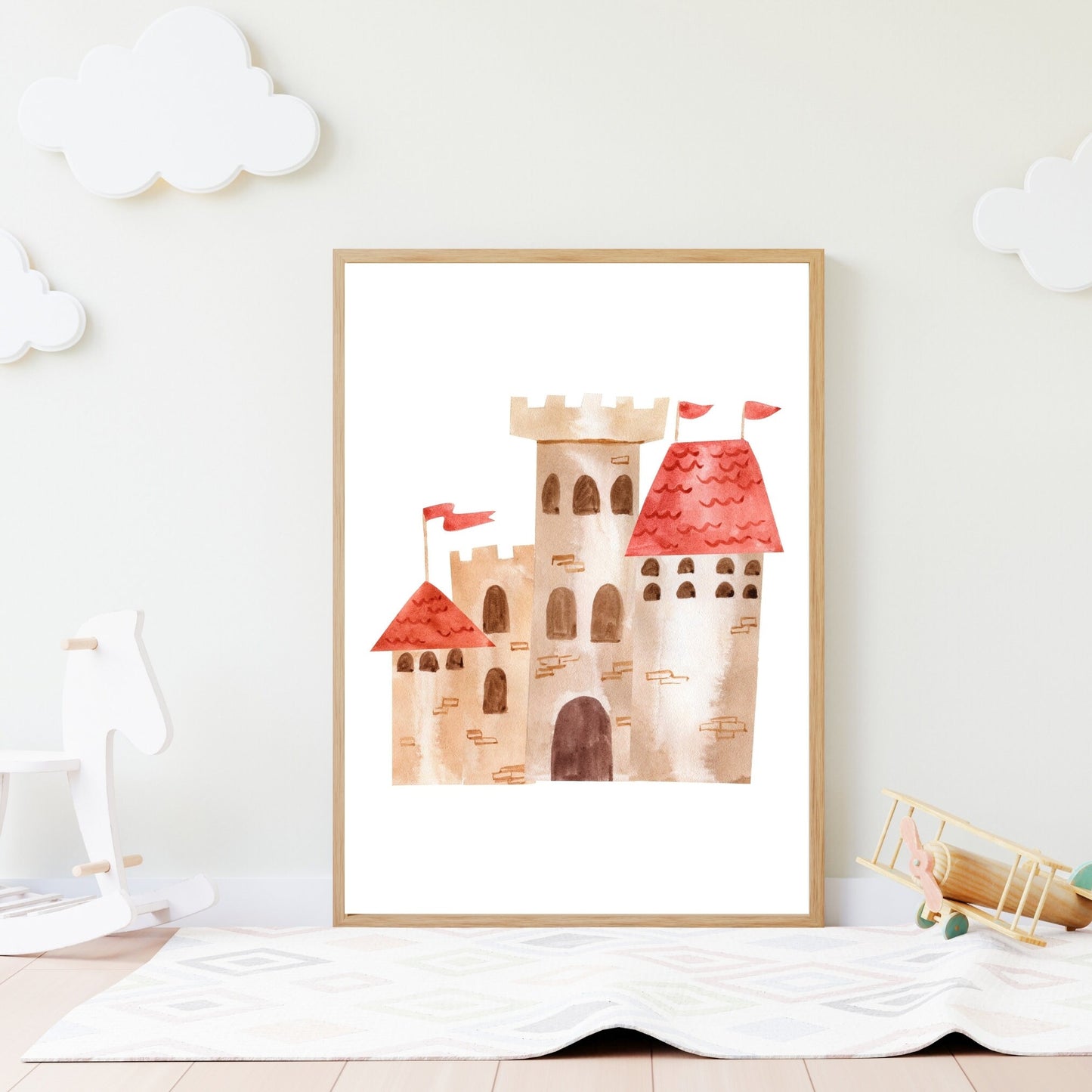 Poster Burg A4 & A3: Ein Aquarellbild einer Burg in einem Bilderrahmen, ideal als Kinderzimmerdeko, auf hochwertigem 300g Naturpapier gedruckt.